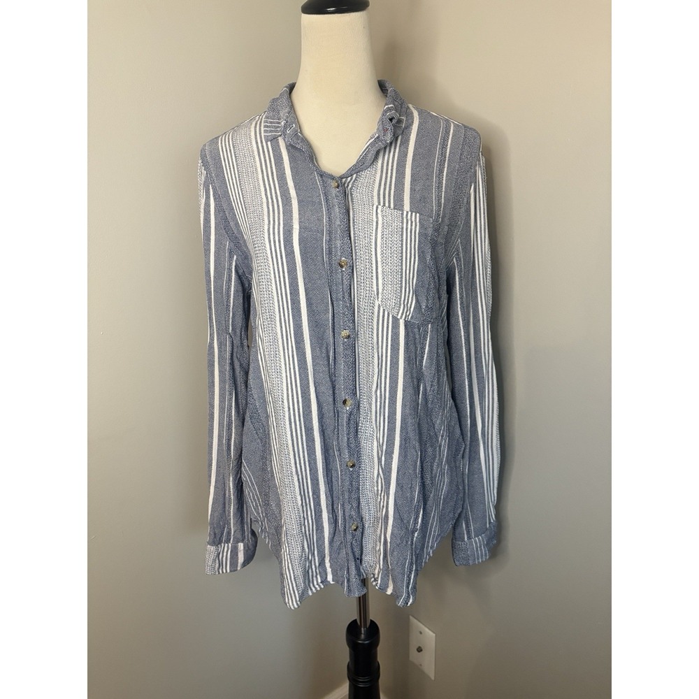 Anthropologie Maeve Chatham Striped Button Down Shirt Blue White Chambray Large